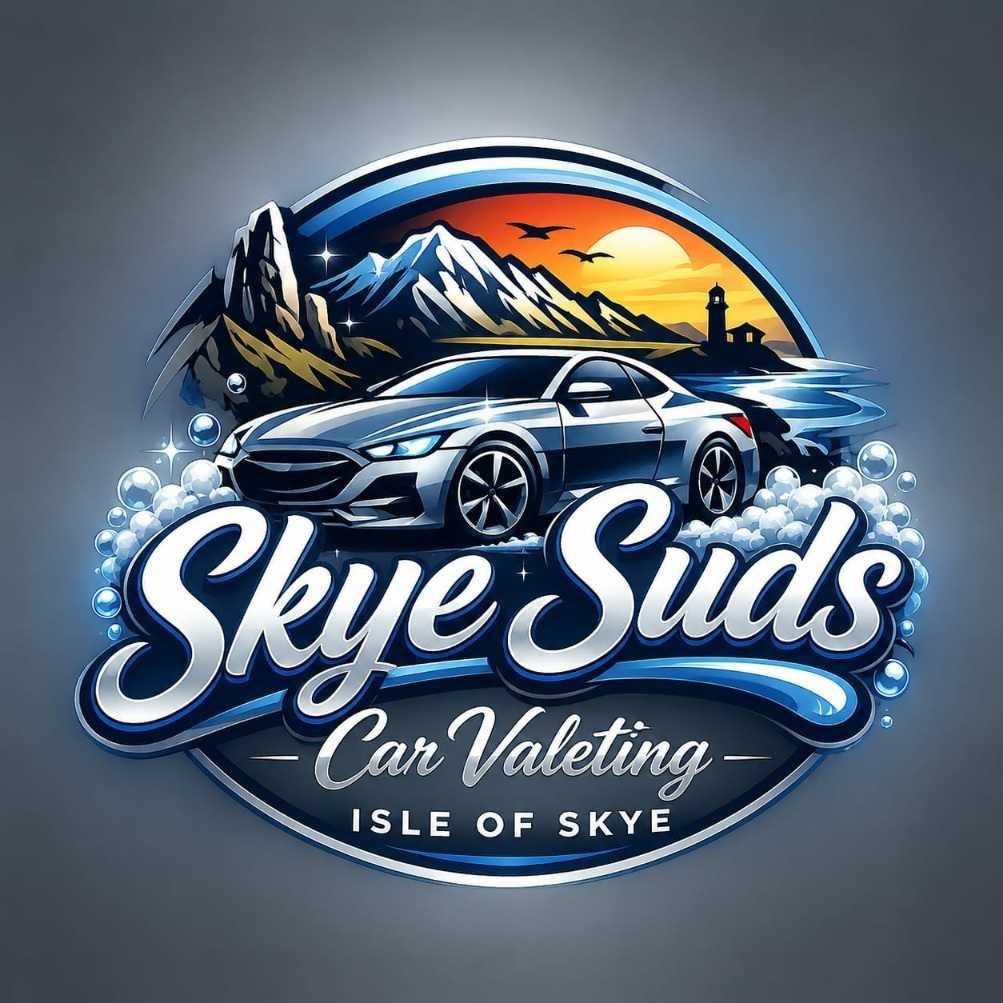 Skye Suds Car Valeting logo featuring a blue sports car, mountain landscape, sunset, and water bubbles on gray background